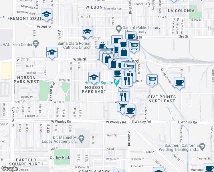 map of restaurants, bars, coffee shops, grocery stores, and more near 749 South B Street in Oxnard