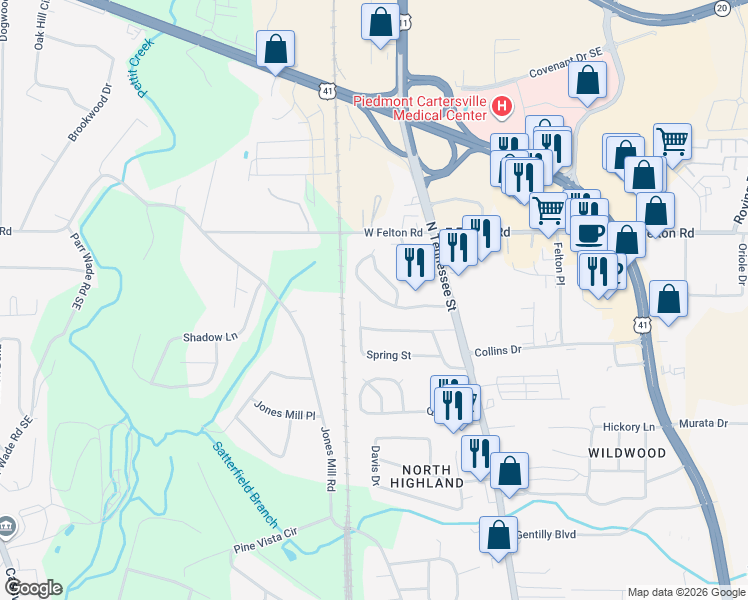 map of restaurants, bars, coffee shops, grocery stores, and more near 37 Spring Street in Cartersville