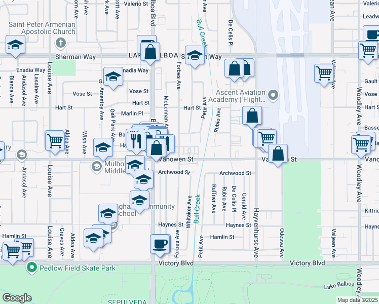 map of restaurants, bars, coffee shops, grocery stores, and more near 16751 Vanowen Street in Los Angeles