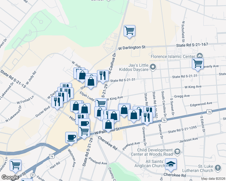 map of restaurants, bars, coffee shops, grocery stores, and more near 124 South Cashua Drive in Florence