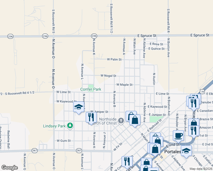 map of restaurants, bars, coffee shops, grocery stores, and more near 346-1098 West Lime Street in Portales