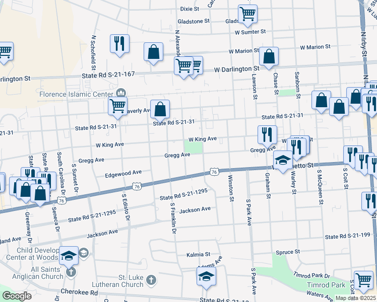 map of restaurants, bars, coffee shops, grocery stores, and more near 915 Gregg Avenue in Florence