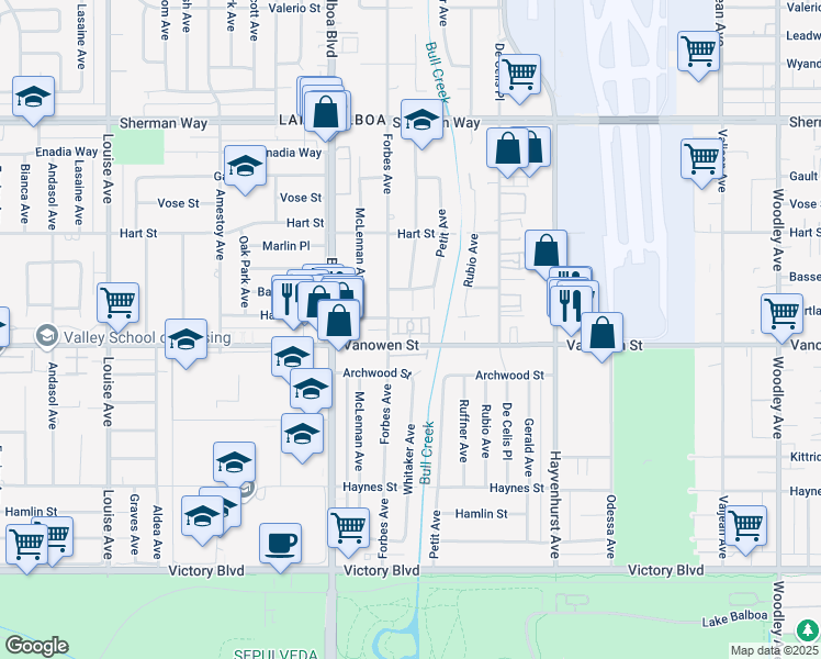 map of restaurants, bars, coffee shops, grocery stores, and more near 16751 Vanowen Street in Los Angeles