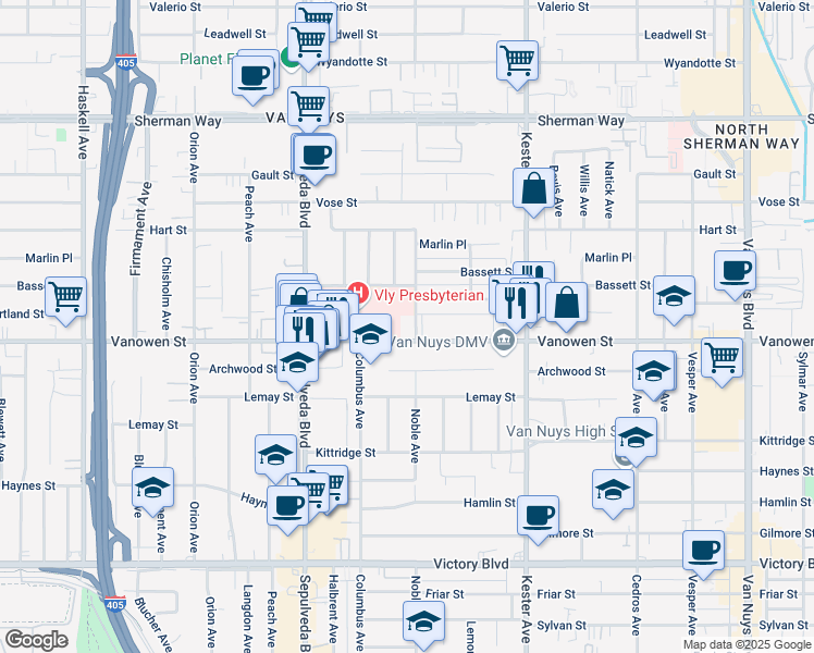 map of restaurants, bars, coffee shops, grocery stores, and more near 6815 Noble Avenue in Los Angeles