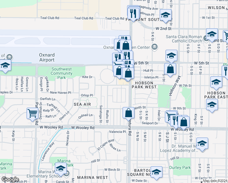 map of restaurants, bars, coffee shops, grocery stores, and more near 732 Pontoon Way in Oxnard