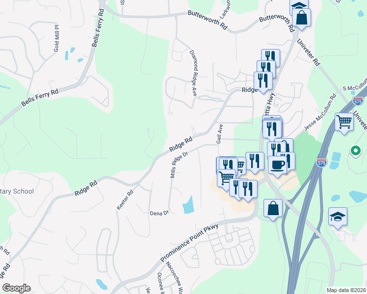map of restaurants, bars, coffee shops, grocery stores, and more near 3121 Mills Ridge Drive in Canton