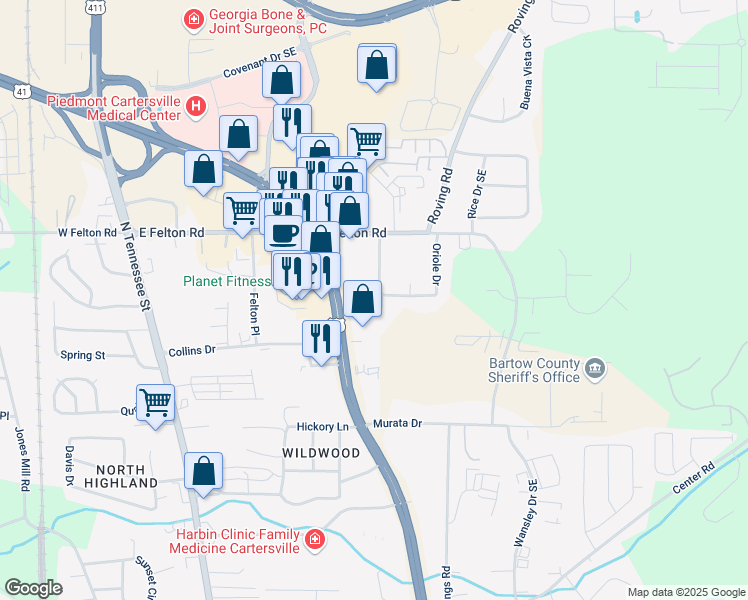 map of restaurants, bars, coffee shops, grocery stores, and more near 9 Latimer Road in Cartersville