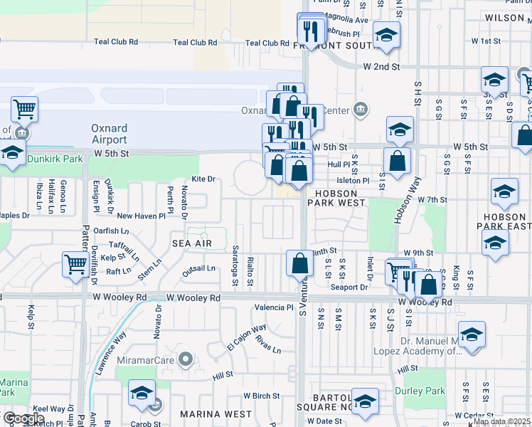 map of restaurants, bars, coffee shops, grocery stores, and more near 732 Pontoon Way in Oxnard