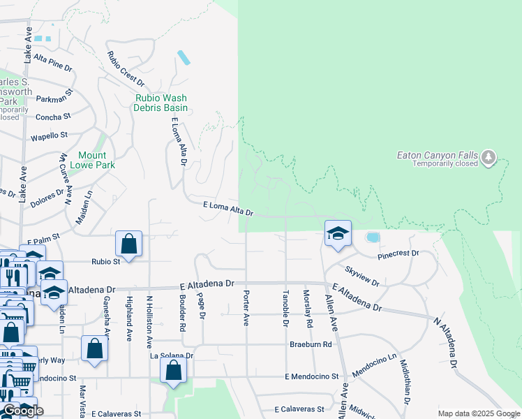 map of restaurants, bars, coffee shops, grocery stores, and more near 1625 East Loma Alta Drive in Altadena
