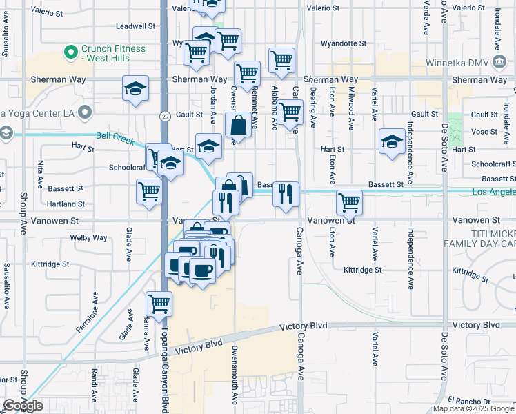 map of restaurants, bars, coffee shops, grocery stores, and more near 21601 Vanowen Street in Los Angeles