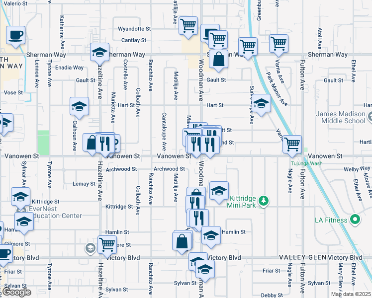map of restaurants, bars, coffee shops, grocery stores, and more near 6801 Mammoth Avenue in Los Angeles