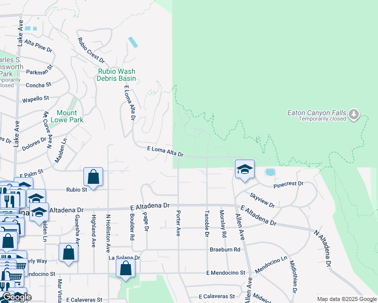 map of restaurants, bars, coffee shops, grocery stores, and more near 1625 East Loma Alta Drive in Altadena