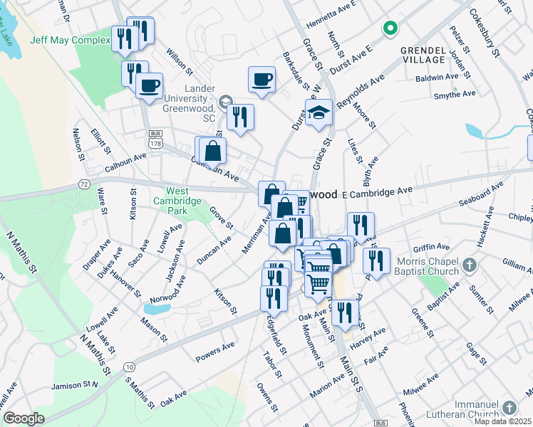 map of restaurants, bars, coffee shops, grocery stores, and more near 223A Hampton Avenue in Greenwood