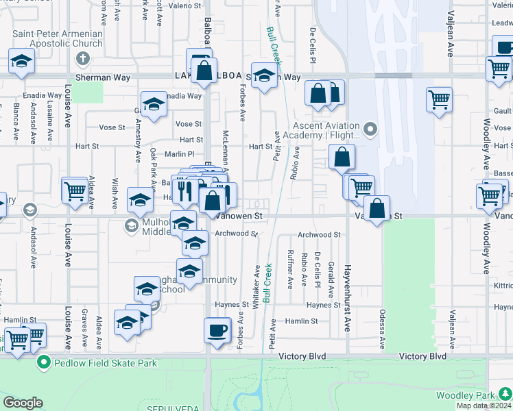 map of restaurants, bars, coffee shops, grocery stores, and more near 16739 Vanowen Street in Los Angeles