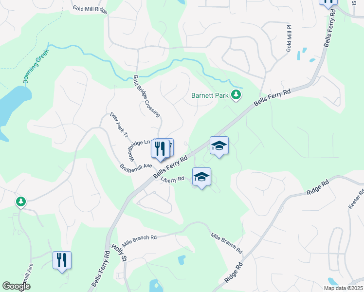 map of restaurants, bars, coffee shops, grocery stores, and more near 10451 Bells Ferry Road in Canton