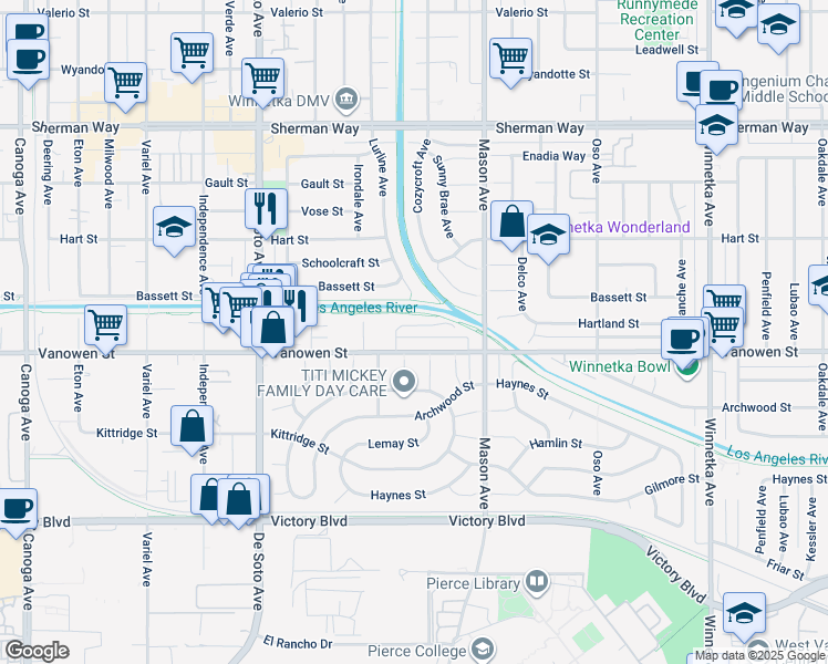 map of restaurants, bars, coffee shops, grocery stores, and more near 20615 Vanowen Street in Los Angeles