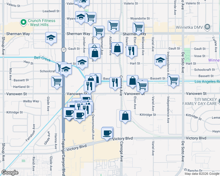 map of restaurants, bars, coffee shops, grocery stores, and more near 6825 Alabama Avenue in Los Angeles