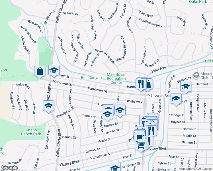map of restaurants, bars, coffee shops, grocery stores, and more near 23954 Hartland Street in Los Angeles