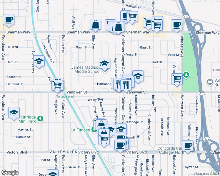 map of restaurants, bars, coffee shops, grocery stores, and more near 12950 Hartland Street in Los Angeles