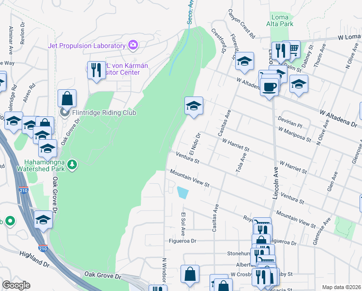 map of restaurants, bars, coffee shops, grocery stores, and more near 2858 Sterling Place in Altadena