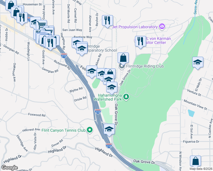 map of restaurants, bars, coffee shops, grocery stores, and more near 140 Foothill Blvd in La Cañada Flintridge