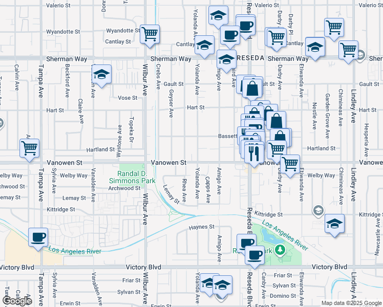 map of restaurants, bars, coffee shops, grocery stores, and more near 18713 Vanowen Street in Los Angeles