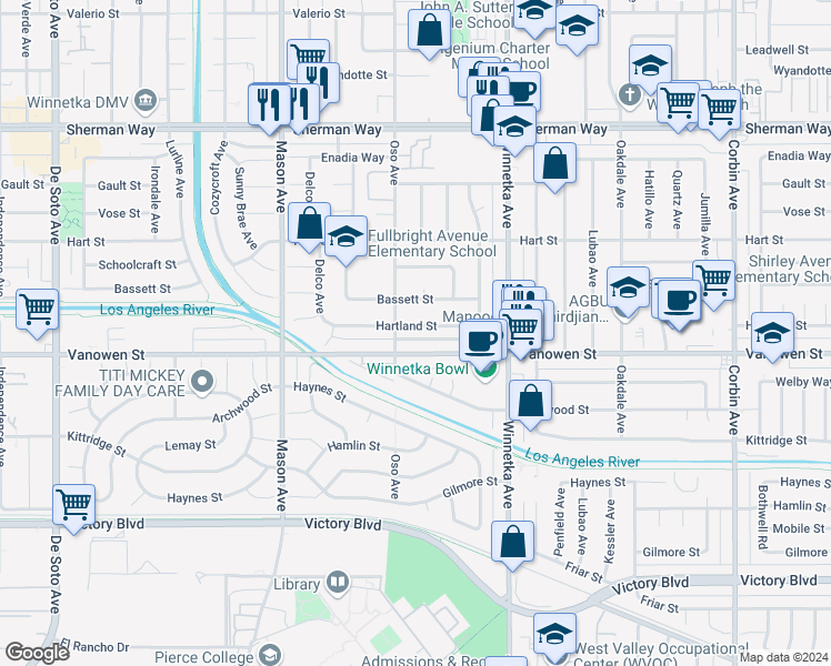 map of restaurants, bars, coffee shops, grocery stores, and more near 20238 Hartland Street in Los Angeles