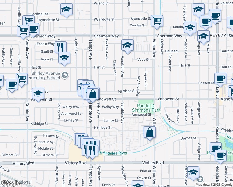map of restaurants, bars, coffee shops, grocery stores, and more near 19120 Hartland Street in Los Angeles