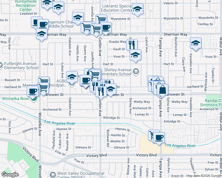 map of restaurants, bars, coffee shops, grocery stores, and more near 19561 Vanowen Street in Los Angeles
