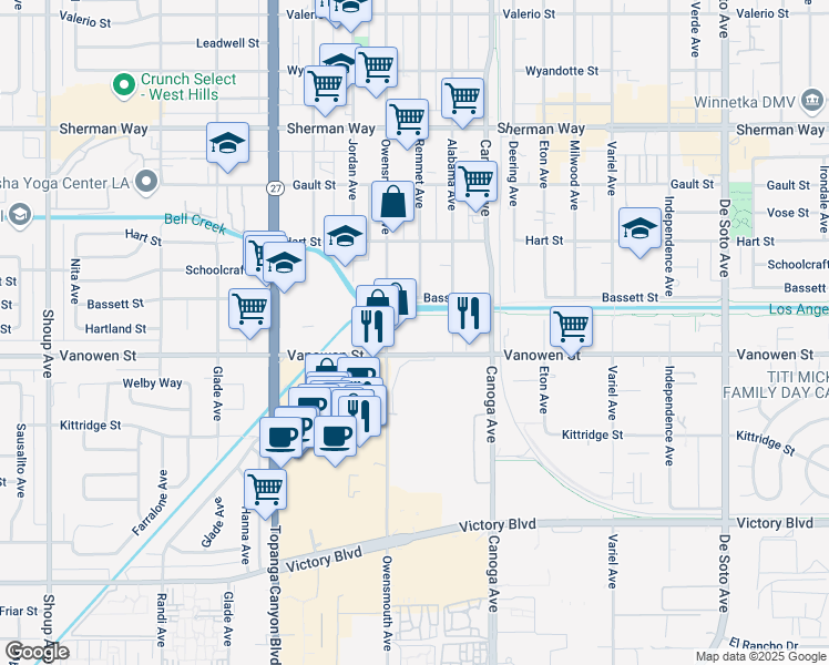 map of restaurants, bars, coffee shops, grocery stores, and more near 6815 Remmet Avenue in Los Angeles