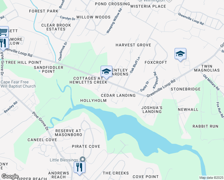 map of restaurants, bars, coffee shops, grocery stores, and more near 2509 Royal Palm Lane in Wilmington