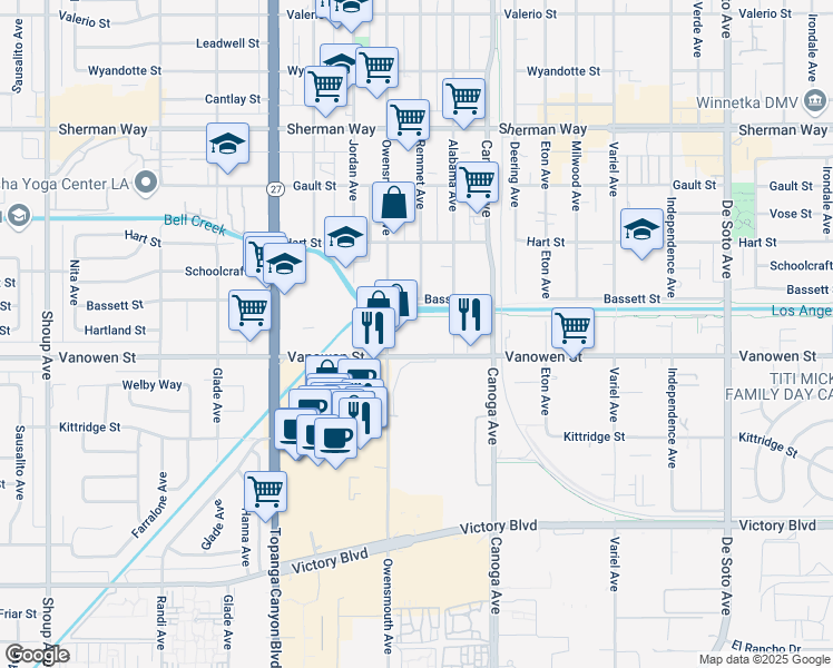map of restaurants, bars, coffee shops, grocery stores, and more near 6815 Remmet Avenue in Los Angeles