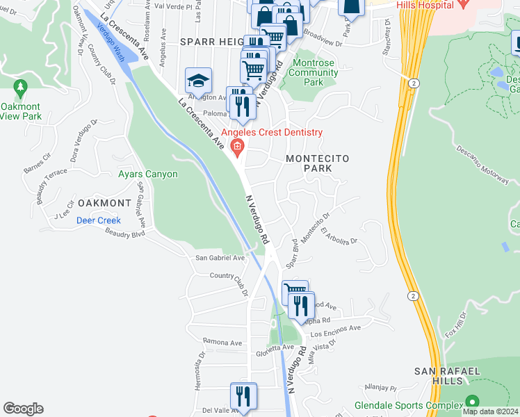 map of restaurants, bars, coffee shops, grocery stores, and more near 3120 North Verdugo Road in Glendale
