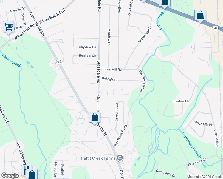 map of restaurants, bars, coffee shops, grocery stores, and more near 44 Luwanda Trail in Cartersville