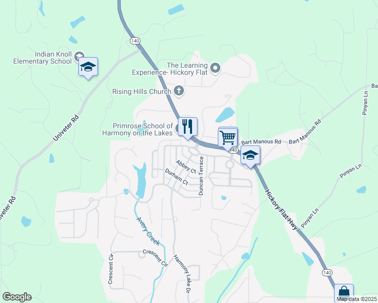 map of restaurants, bars, coffee shops, grocery stores, and more near 130 Harmony Lake Drive in Holly Springs