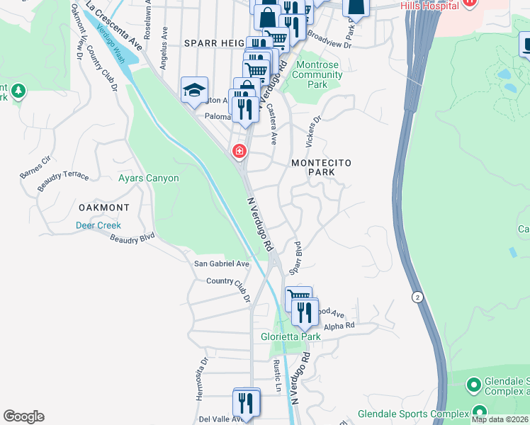 map of restaurants, bars, coffee shops, grocery stores, and more near 1805 Bagdad Place in Glendale