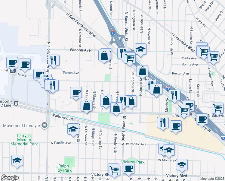 map of restaurants, bars, coffee shops, grocery stores, and more near 2111 North Frederic Street in Burbank