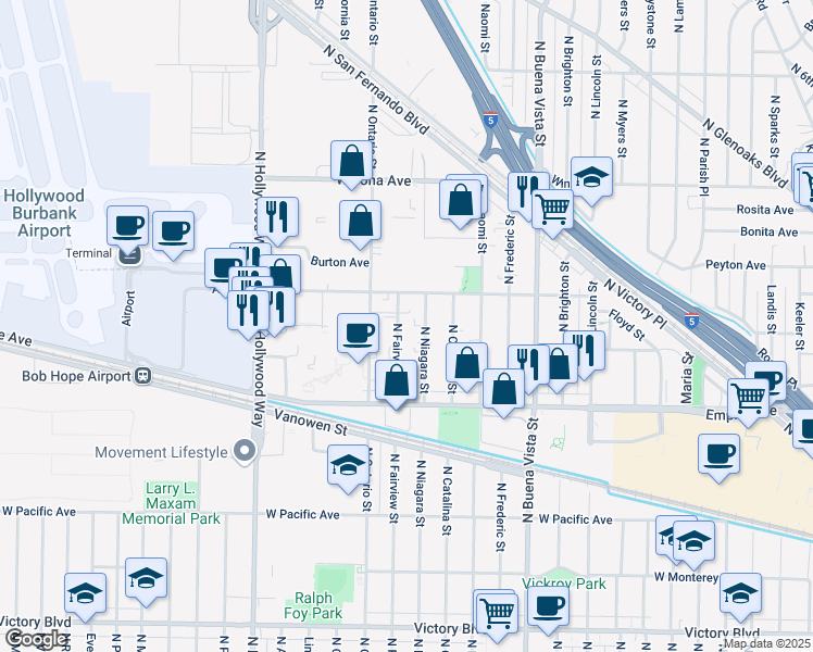 map of restaurants, bars, coffee shops, grocery stores, and more near 2305 North Niagara Street in Burbank