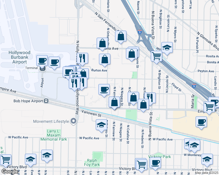 map of restaurants, bars, coffee shops, grocery stores, and more near 2307 North Fairview Street in Burbank