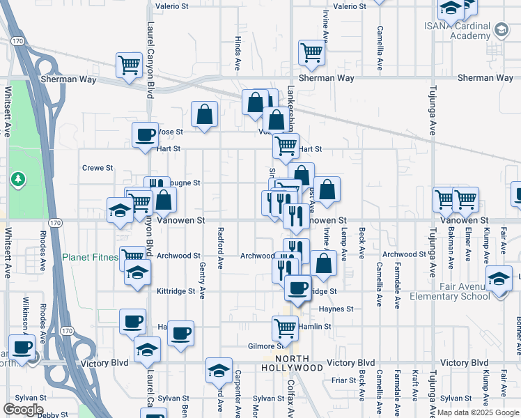 map of restaurants, bars, coffee shops, grocery stores, and more near 11720 Vanowen Street in Los Angeles