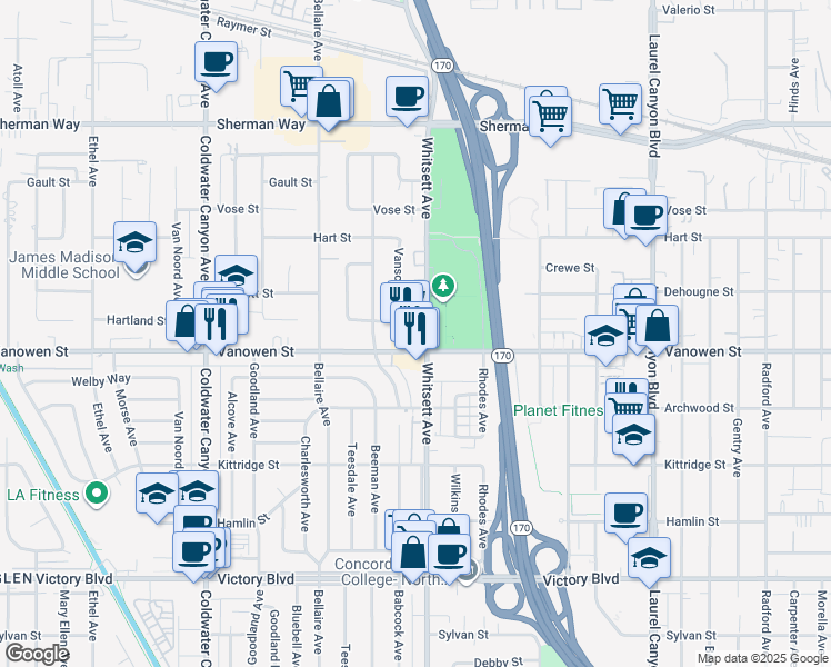 map of restaurants, bars, coffee shops, grocery stores, and more near in Los Angeles