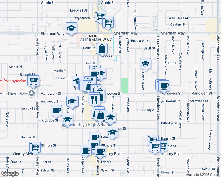 map of restaurants, bars, coffee shops, grocery stores, and more near 14439 Vanowen Street in Los Angeles