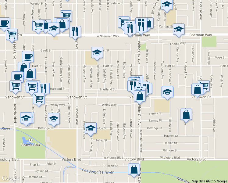 map of restaurants, bars, coffee shops, grocery stores, and more near 17855 Vanowen Street in Los Angeles
