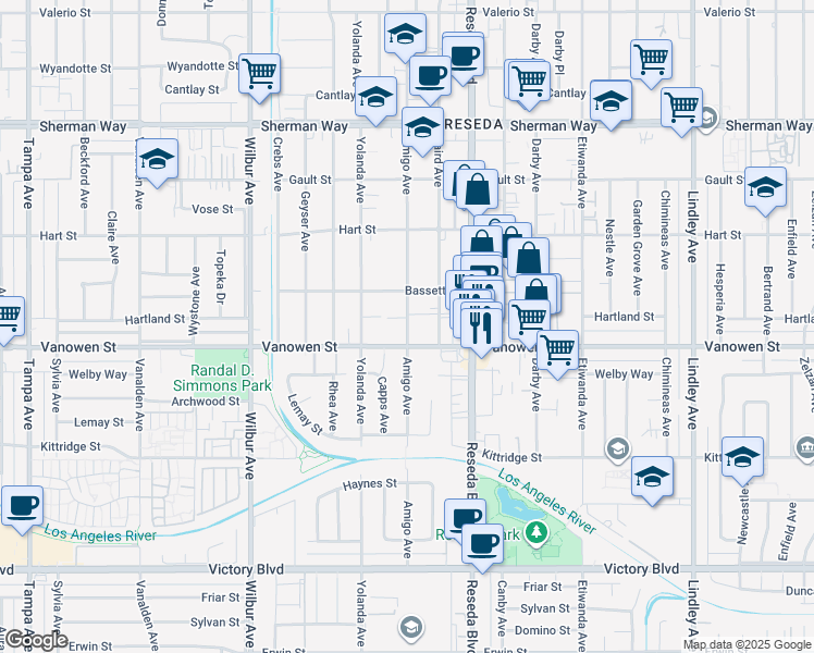 map of restaurants, bars, coffee shops, grocery stores, and more near 6803 Amigo Avenue in Los Angeles