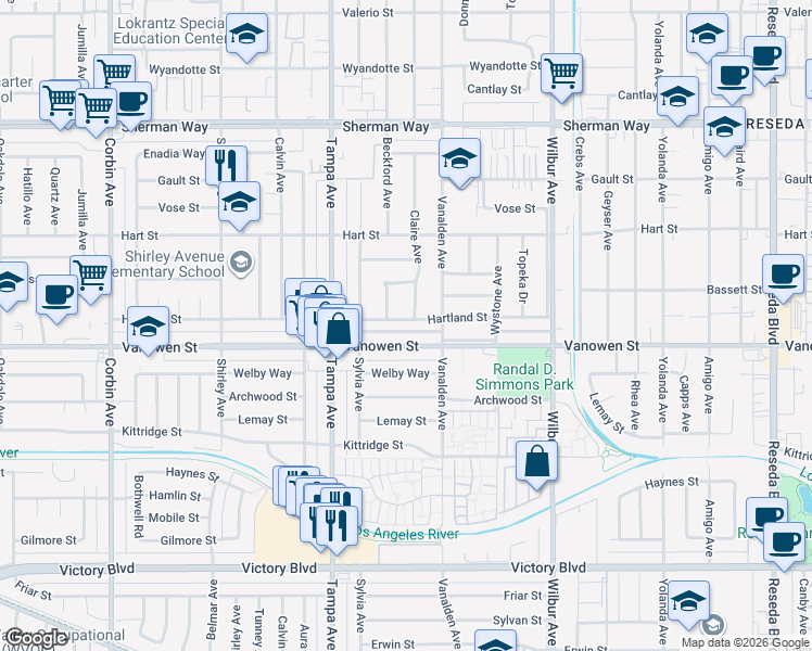 map of restaurants, bars, coffee shops, grocery stores, and more near 19153 Vanowen Street in Los Angeles