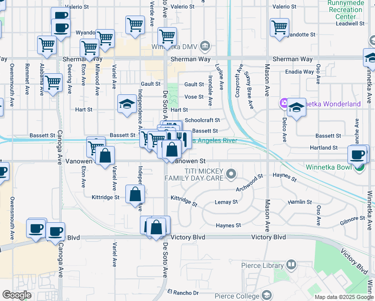 map of restaurants, bars, coffee shops, grocery stores, and more near 6804 De Soto Avenue in Los Angeles