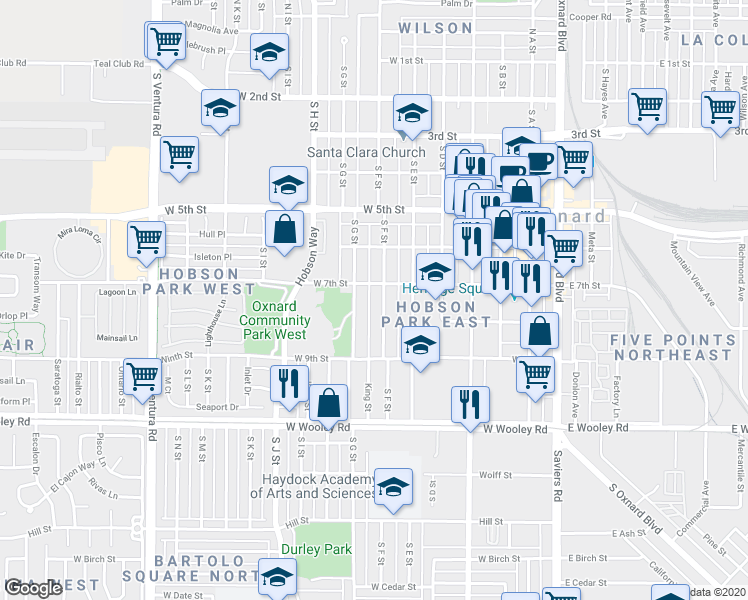 map of restaurants, bars, coffee shops, grocery stores, and more near 752 South G Street in Oxnard