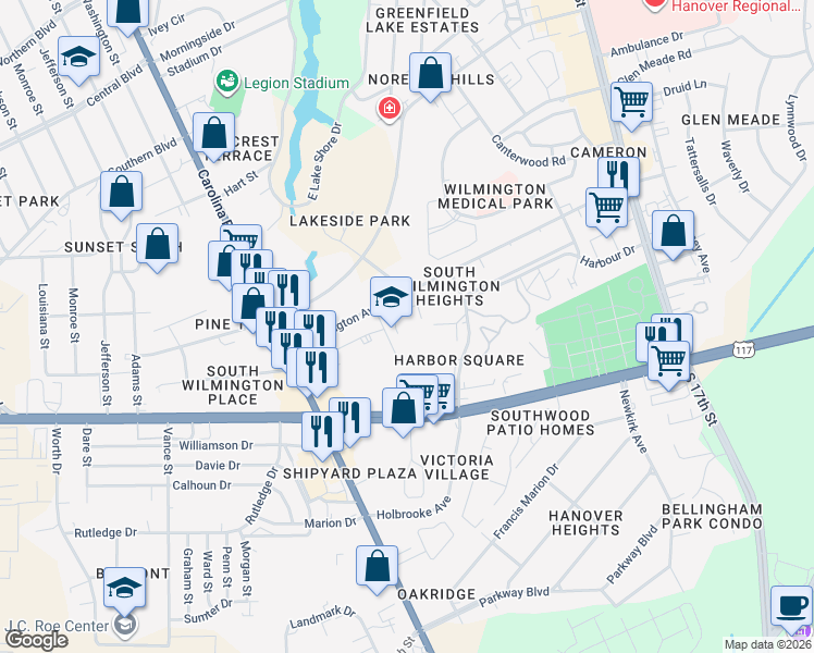 map of restaurants, bars, coffee shops, grocery stores, and more near 2401-2599 Wonder Way in Wilmington