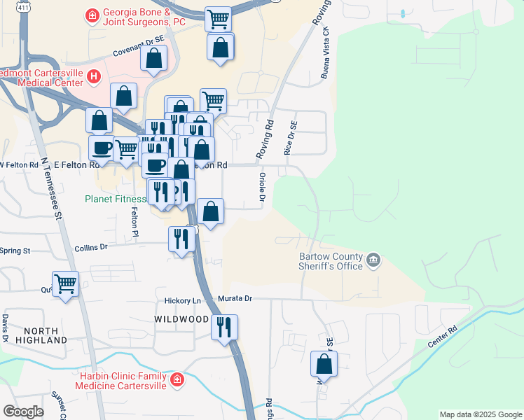 map of restaurants, bars, coffee shops, grocery stores, and more near 105 Park Ridge Circle in Emerson