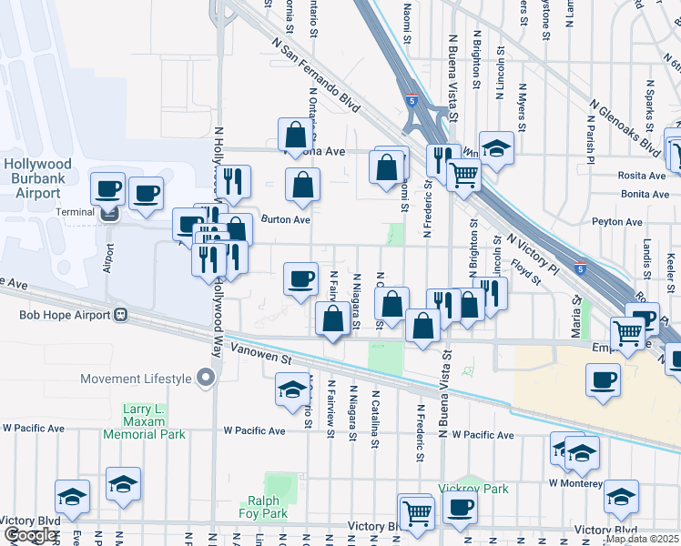 map of restaurants, bars, coffee shops, grocery stores, and more near 2305 North Niagara Street in Burbank